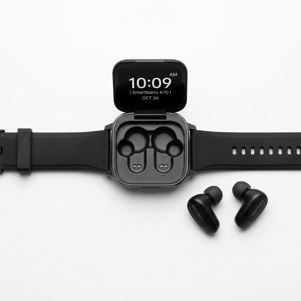 Smartbarry A70 Smart Watch flat lay with earbuds