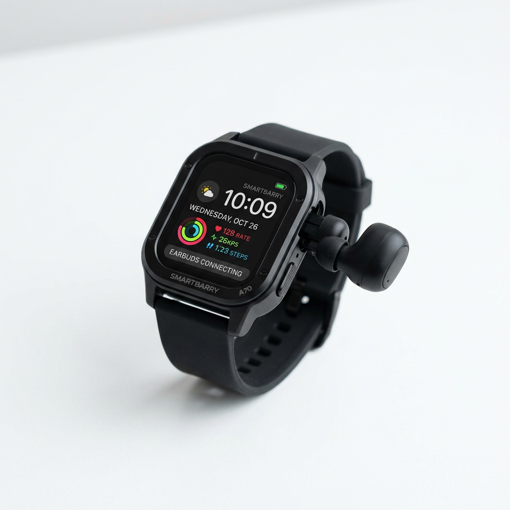 Smartbarry A70 with earbuds beside
